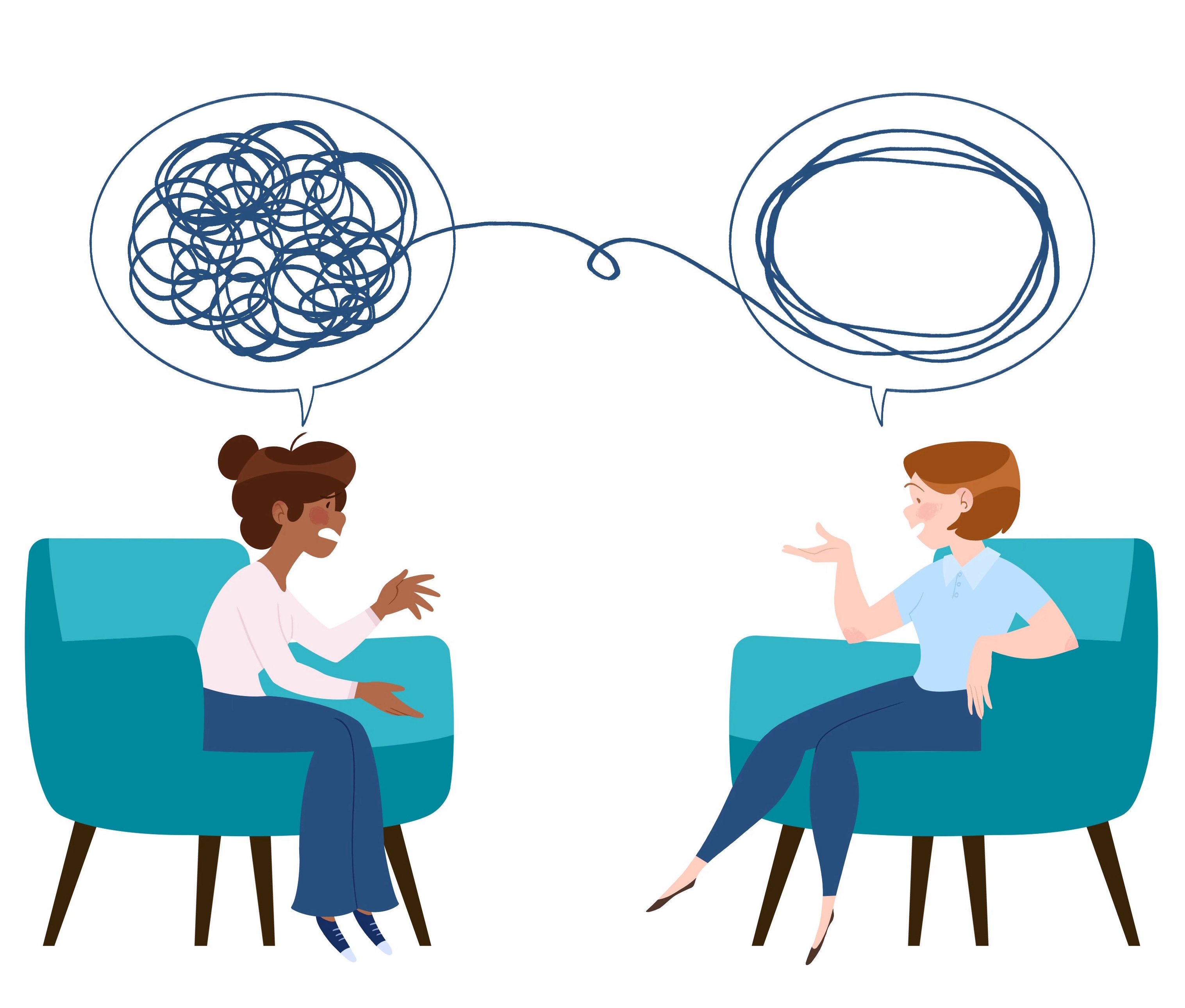 Illustration de deux femmes en face à face. Une psychopracticienne et une patiente. Dans les bulles de conversation on voit un fil en boule du côté de la patiente et un fil dénoué du côté de la practicienne 